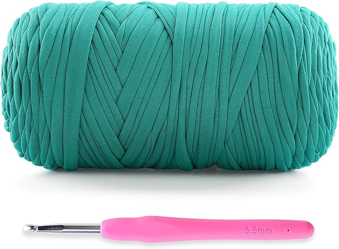 Soft T-Shirt Yarn for Crochet, T Shirt Yarns for Crocheting Crafts, Bags, Basket, Coaster, Tshirt Yarns - 400 g/130 yds with 1 Crochet Hook (1, Peacock Green)