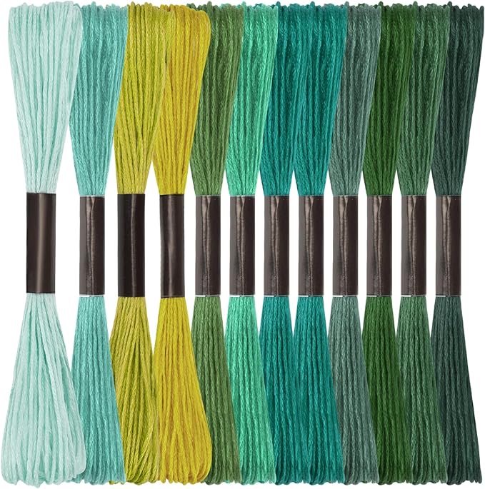 Friendship Bracelet String, 12 Skeins Green Series Cross Stitch Thread, 344.5 Inch Cotton Embroidery Floss, Hand Embroidery Thread for DIY Sewing and Embroidery Crafts Making