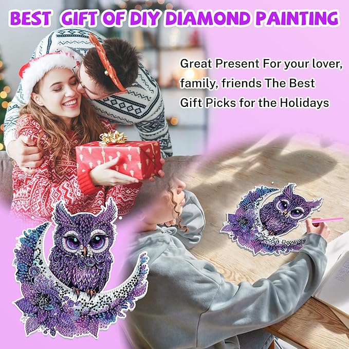 Bowetile Owl Diamond Art Hanging Kits for Adults, 5D Special Shape Diamond Painting Moon Pendant Kits, Gem Art Suncatchers Painting Window Ornament for Home Garden Wall Decor