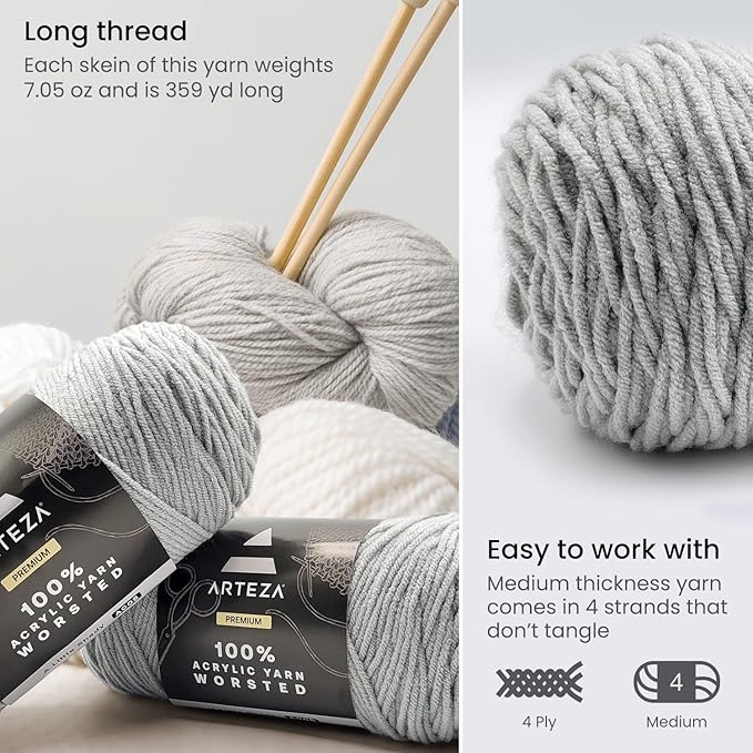 ARTEZA Acrylic Yarn for Crocheting, 4 x 200-g Skeins of Worsted Yarn for Knitting, A Little Shady A005, Knitting & Crochet Supplies