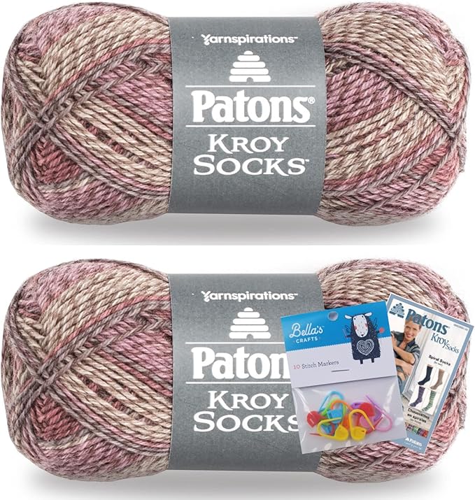 Patons Kroy Socks Yarn 2-Pack Bundle with Bella's Crafts Stitch Markers (Brown Rose Marl)