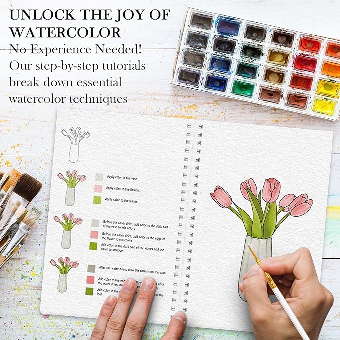Watercolor Workbook, Watercolor Workbook Paint Book Beginner Friendly, 12 Different Patterns Stress-Relieving Art Crafts for Creative Exploration Gift for Women Adults Teens (Bouquet, 1)