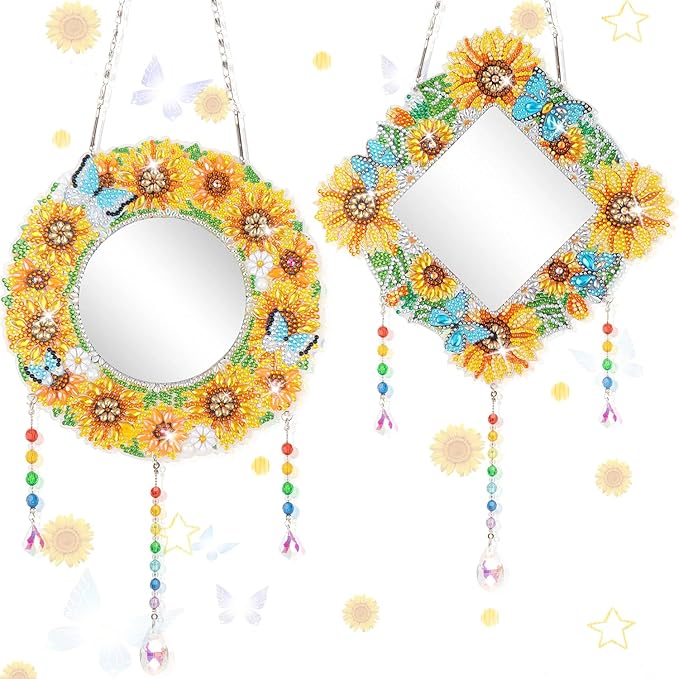 2Pcs Diamond Art Painting Mirror,Special Shaped Crystal DIY Diamond Suncatcher for Beginner Arts Crafts Gifts Home Decor Handmade Gift