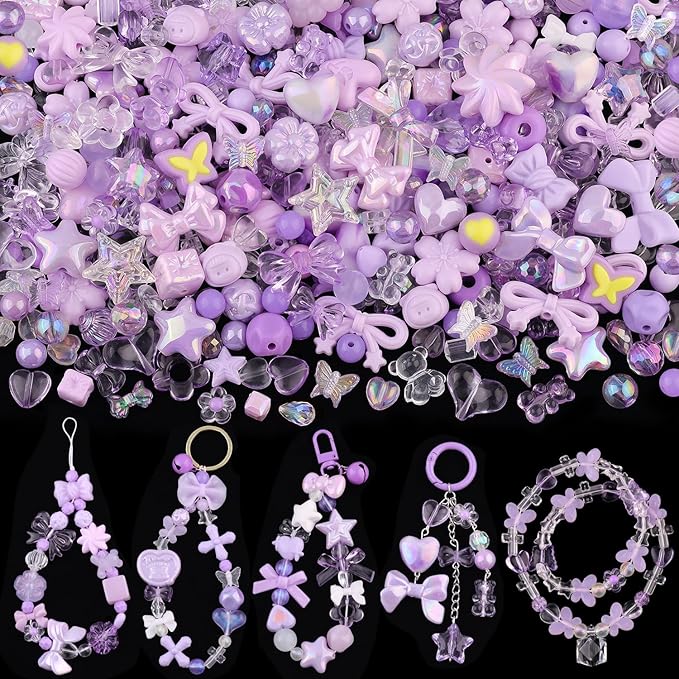 200-260pcs tinkrstuff assorted acrylic beads purple cute beads for bracelet making,bow aesthetic gummybear flower candy butterfly kawaii charms for jewelry making diy necklace keychain phone charm