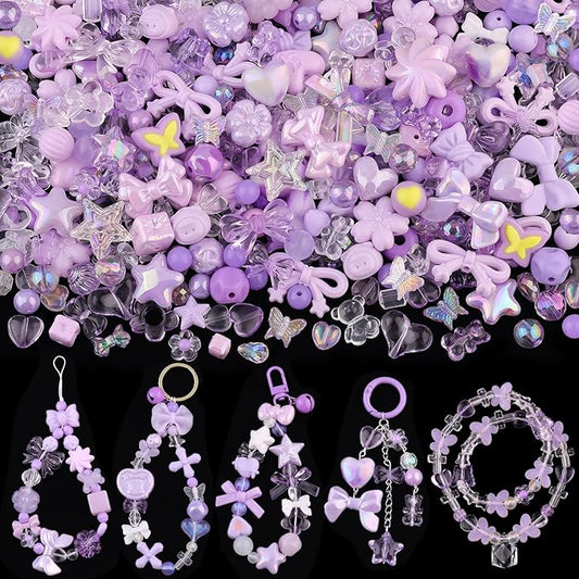 200-260pcs tinkrstuff assorted acrylic beads purple cute beads for bracelet making,bow aesthetic gummybear flower candy butterfly kawaii charms for jewelry making diy necklace keychain phone charm