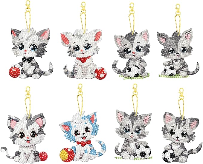 Masendp 8 Pieces Diamond Painting Keychain Animal Style Diamond Art Jewelry Double Sided 5D Diamond Painting Kit for Beginners Adult DIY Art Craft Gifts Home Decor (Football & Cat)