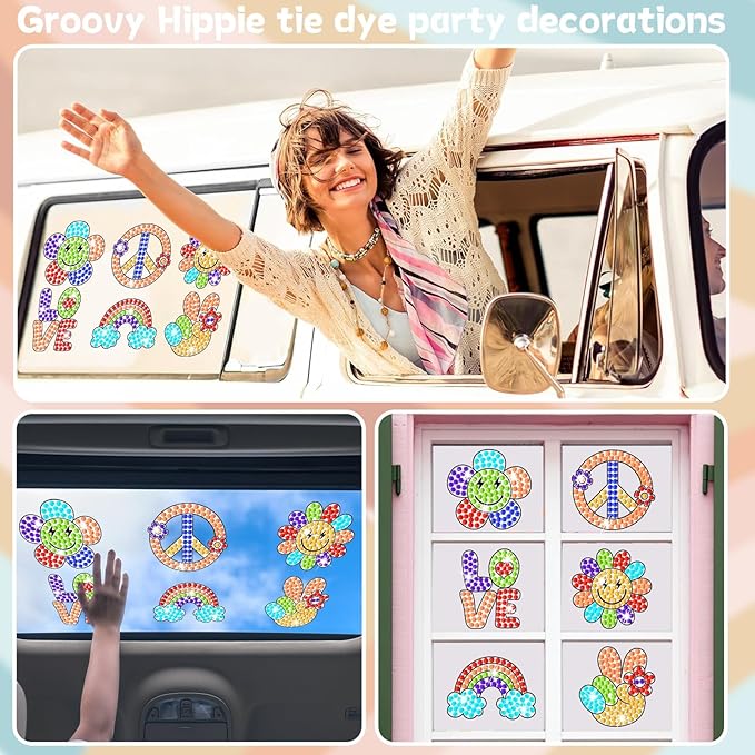 Qyeahkj 6 Pcs Groovy Arts and Crafts, Retro Art Crafts Boho Hippie Suncatcher Kits for Children at 6-8, 70s Groovy Dot Art DIY Diamond Painting Coloring Kits Window Clings Stickers for Kids