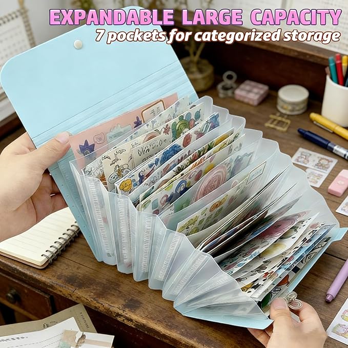 Sticker Storage Organizer with 7 Expandable Pockets, Multi-Layer Desktop Sticker Binder for Scrapbook Essentials and Journal Organizer, Large Capacity for Thick Sticker Album, Washi Tape(Blue)