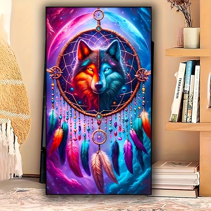 KUFWKEY Dreamcatcher Wolf 5D DIY Diamond Painting Kit for Adults,Full Round Drill Diamond Mosiac Embroidery Art,Animal Diamond Art Kits for Home Decor,Large Size 15.7x27.5 inch