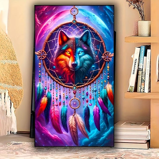 KUFWKEY Dreamcatcher Wolf 5D DIY Diamond Painting Kit for Adults,Full Round Drill Diamond Mosiac Embroidery Art,Animal Diamond Art Kits for Home Decor,Large Size 15.7x27.5 inch