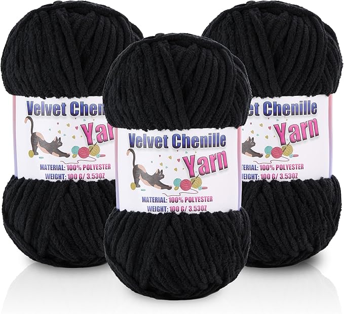 3 * 100g/3.5oz Fluffy Chenille Yarn for Crocheting, Chunky Velvet Yarn for Crochet Amigurumi, Used for Making Baby Yarns Blanket, Clothes, Pattern Knitting Creations (Black)