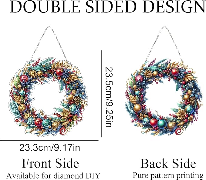 JJFox Diamond Art Hanging Kit for Adult,Special Shaped Rhinestone,DIY Acrylic Diamond Art Painting Window Pendants Home Garden Wall Hanging Kits Hanging Ornament,Double Sided (Christmas wreath2)