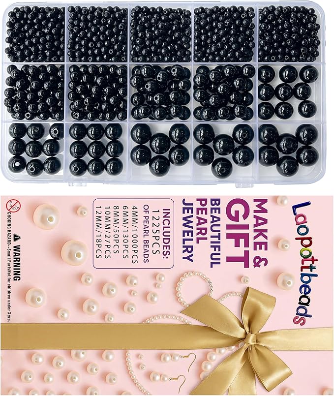 Laopottbeads 1225 Pcs Black 5 Size Pearl Beads for Jewelry Making Round Pearl DIY Kit for Bracelets, Earrings, Necklaces & Anklets