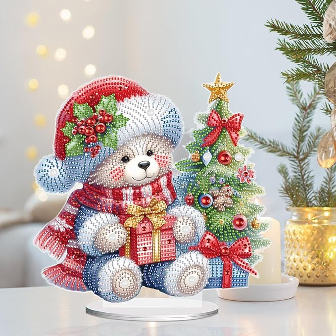 MVVMTOP Christmas Diamond Painting Kits Tabletop Decoration, DIY Bear & Christmas Tree, 5D Diamond Art Home Ornament by Number Mosaic Arts Crafts for Home Office Acrylic Tabletop Decor, New Year Gift