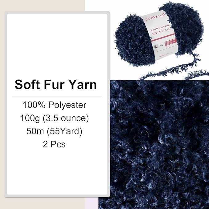 MECCANIXITY 2 Skeins Fur Yarn Soft Fluffy Chunky Yarn Fuzzy Eyelash Yarn Navy Blue for Crocheting Knit Clothes Bag - 55Yard/50m, 3.31ozx2