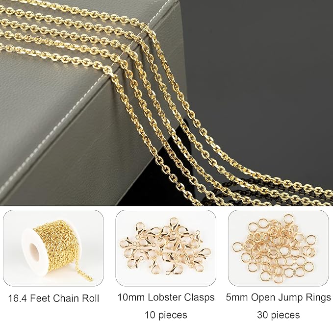 Jabogrii 16.4 Feet 18K Gold Plated Brass Jewelry Chains Roll Oval Paperclip Chains DIY Necklace Bracelet Chain with Lobster Clasps and Open Jump Rings for Jewelry Making
