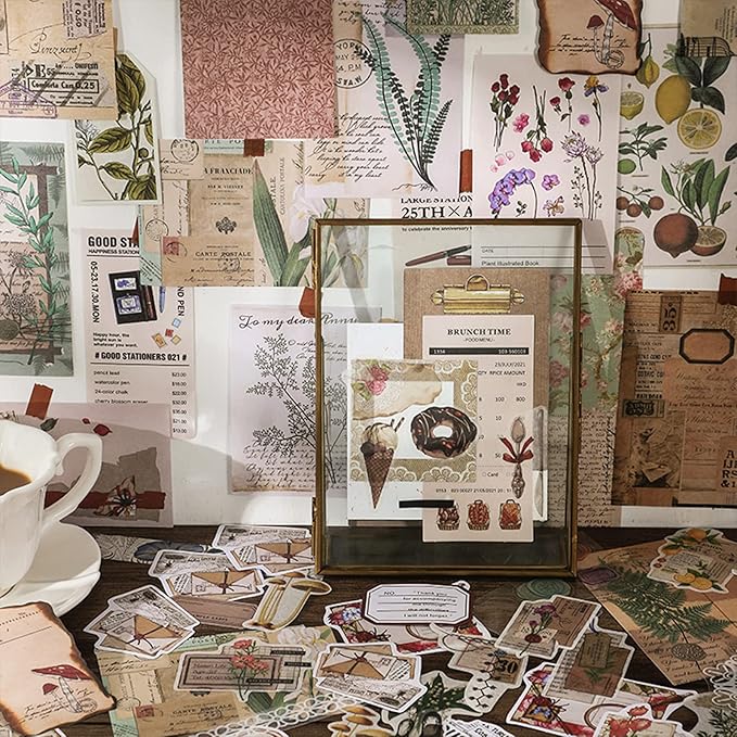 Esweny 260PCS Vintage Journaling Scrapbooking Supplies Scrapbook Sticker Paper Ephemera Pack for Junk Journal Planners Collage Craft Notebooks Album (Coffee and Bread)