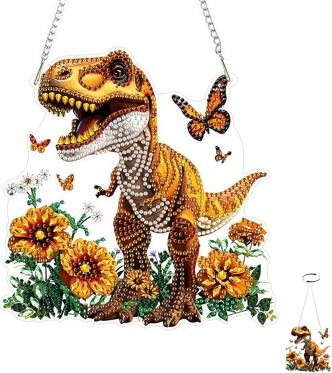 TOSTOG Mighty Dinosaur Diamond Art Pendant Kit for Adult, Yellow Diamond Painting Hanging Kit for Beginners, 5D DIY Crafts Gem Art, Waterproof Full Accessories for Home Decor Idea 20 * 20 cm/8 * 8 in