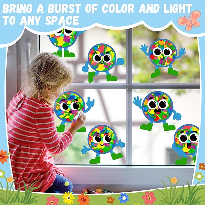 Lonfliness 32 Sets Earth Day Suncatchers Craft Kit DIY Window Stained Glass Effect Earth Day Theme Paper Crafts Home School Classroom Decoration Birthday Gift Creative Art Project & Activity Game