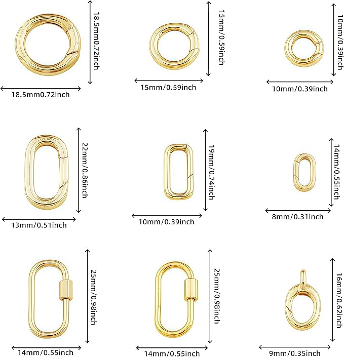9pcs 18k gold filled oval carabiner clasp, lobster claw and spring clasps for diy jewelry making, necklace bracelet keychain findings (style 1)