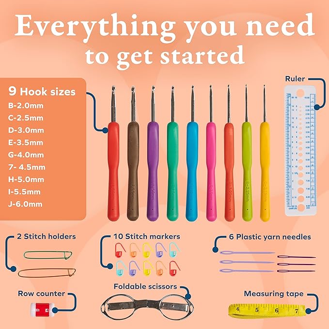 Miloll Crochet Hooks 31 Pcs Set - Yarn Crochet Kit w/ 9 Ergonomic Hook Sizes, 6 Yarn Needles, Additional Knitting & Crochet Supplies and Carrying Case﻿ for Crocheters
