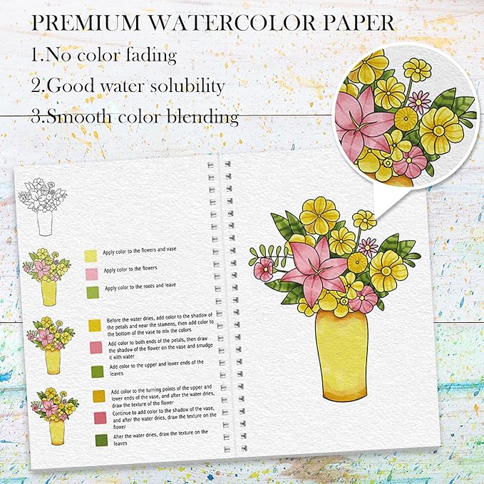 Watercolor Workbook, Watercolor Workbook Paint Book Beginner Friendly, 12 Different Patterns Stress-Relieving Art Crafts for Creative Exploration Gift for Women Adults Teens (Bouquet, 1)