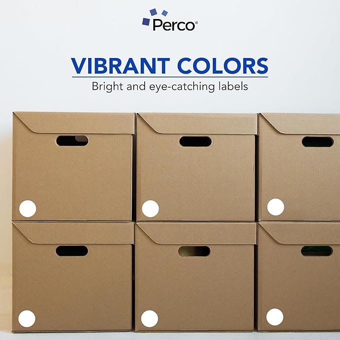 perco white 2-inch perforated circle dot sticker labels — 250 round stickers per roll — with permanent adhesive for organizing, color coding, bin labeling, packaging alerts — made in usa