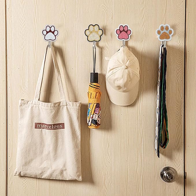 antor 8 Pack Pet Paw Diamond Painting Hooks – DIY Rhinestone Art Wall Hangers, Cute Animal Paw Design Adhesive Hooks for Keys, Towels, Bags, Home Entryway Kitchen Bathroom Decor