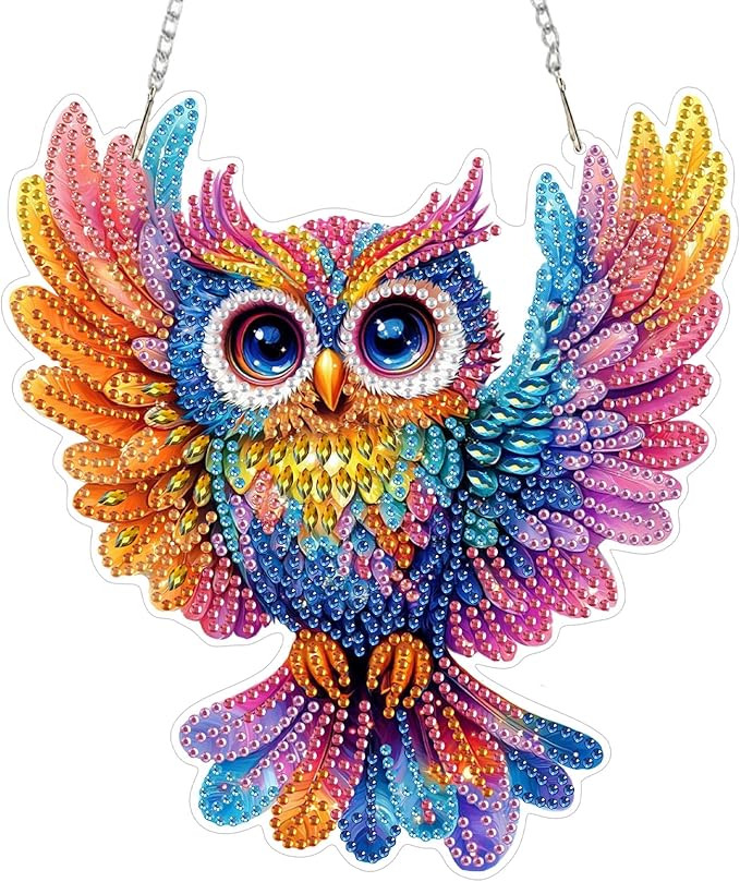 KEYIFA Diamond Painting Kit, DIY Colorful Owl Diamond Art Hanging for Adults Beginner, Bird Gem Arts Pendant Special Shaped Rhinestone Window Ornaments Wall Door Garden Decoration Gift, Double Sided