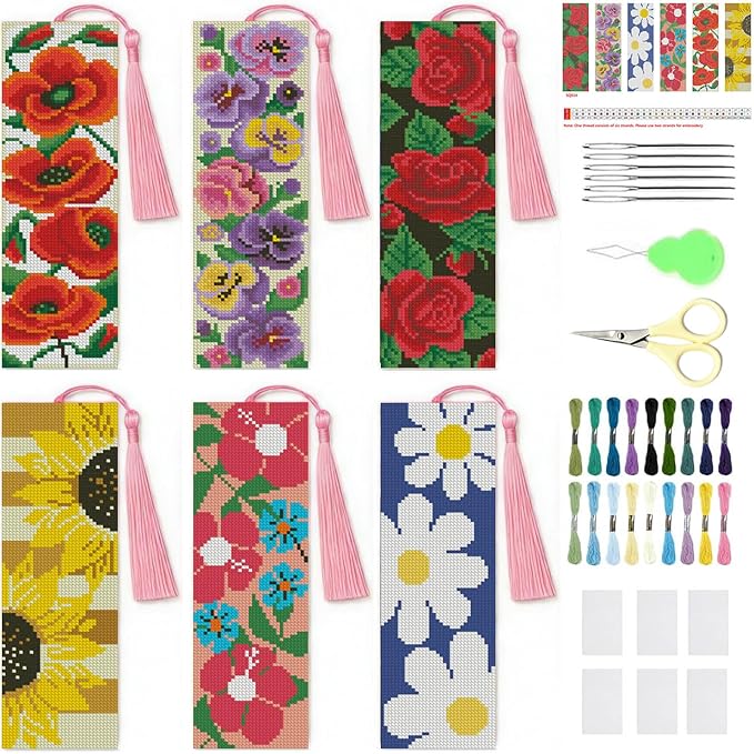 NEGEKFKX 6 Pcs Flower Cross Stitch Bookmark Kit for Adult Beginners,Flowers Cross Stitch Kits 14 CT DIY Crossstitch Kits Adult Stamped Bookmark Embroidery Bookmarks Kit