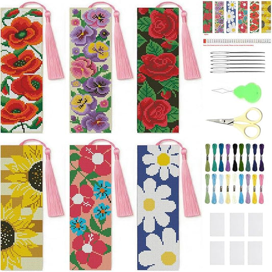 NEGEKFKX 6 Pcs Flower Cross Stitch Bookmark Kit for Adult Beginners,Flowers Cross Stitch Kits 14 CT DIY Crossstitch Kits Adult Stamped Bookmark Embroidery Bookmarks Kit