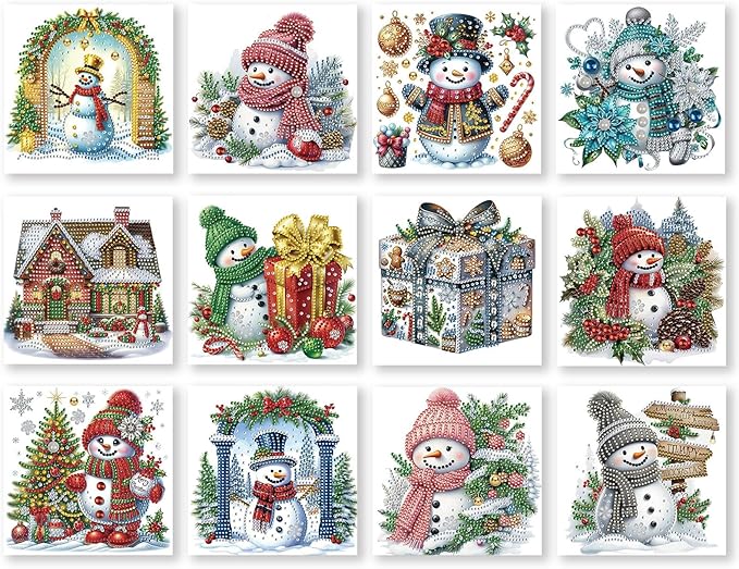 YOKUSHI 12 PCS Diamond Art Painting Christmas Greeting Cards with Envelopes, Snowman Craft DIY Card Making Kits for Adults Gifts (White)