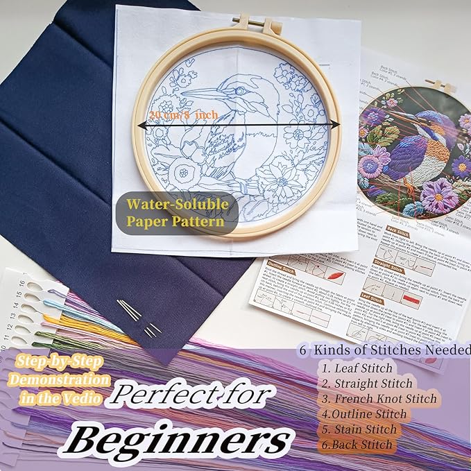 fonnuy embroidery kit for beginners, birds with flowers pre-stamped pattern kits for adults with hoop, easy to follow color thread needlework, 8'' hoop (purple 2)