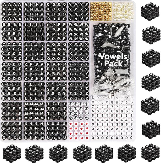Black Letter Beads for Bracelets - 1650Pcs Round Acrylic Letter Beads with Extra Vowel Letters & Number Beads and Spacer Beads - Ideal for Bracelets, Necklaces,Friendship Bracelet Kits