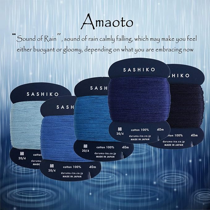 DARUMA Sashiko Thread 100% Cotton Card Type (43.7 yd) x 5 Colors with English Manual, Sewing & Embroidery Value Set with Gift Package(Thin, Amaoto)