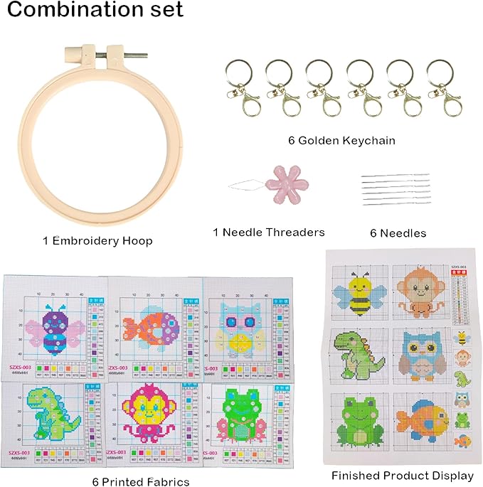 57lilina Cross Stitch Kits for Kids - 6 Set Easy Beginners Embroidery Kit for Kids, DIY Cute Pre Printed Stamped Crossstitch Needlepoint Patterns Craft for Backpack Charms, Keychains & Girls Gifts