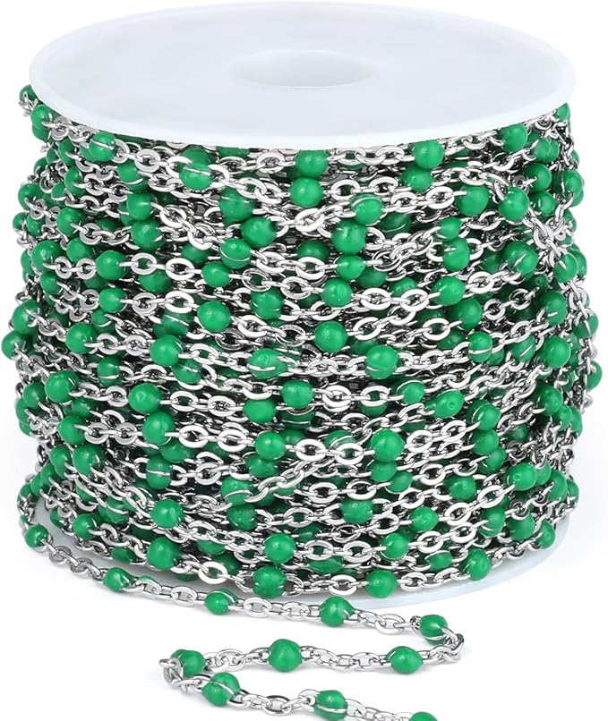 33 Feet Stainless Steel Enamel Chains Bulk, 2mm 304 Stainless Steel Green Enamel Beaded Cable Link Chain Roll Spool for Jewelry Making