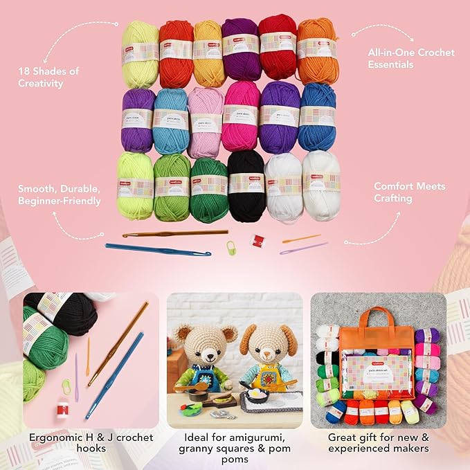 Incraftables 24 Color Yarn Set – Acrylic Yarn Set for Crocheting, Knitting, and DIY Crafts – Beginner Friendly Crochet Yarn Kit for Amigurumi & More – with Accessories & Storage Bag
