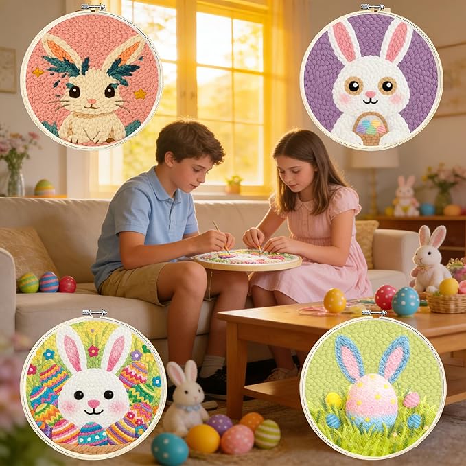 QBQBQ 4 Sets Easter Punch Needle Kits Adults Beginner, Easter Embroidery Kit with Printed Pattern and Bamboo Hoop, Festival Gift and Decoration