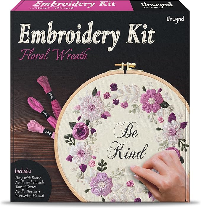 Unwynd Embroidery Kit Floral Theme for Beginners, Satin Stitch Hand Embroidery Kit for Adults, Easy DIY Crafts, Starter Set with Flower Pattern (Floral)