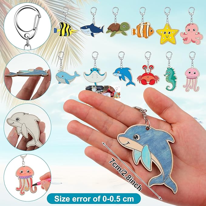 Trnayi 36 Pcs Sea Life Unfinished Wooden Keychains Color Your Own Unfinished Wooden Crafts Blank Wood Painting DIY Crafts for Home Activities Arts Project Decoration