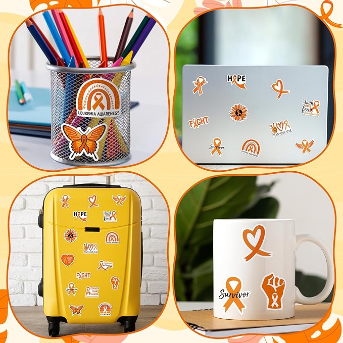 beyumi leukemia awareness orange sticker - 1000pcs in 2 rolls leukemia themed sticker with various shapes waterproof vinyl orange ribbon decals for school event campaign laptop bottle decor kids teens