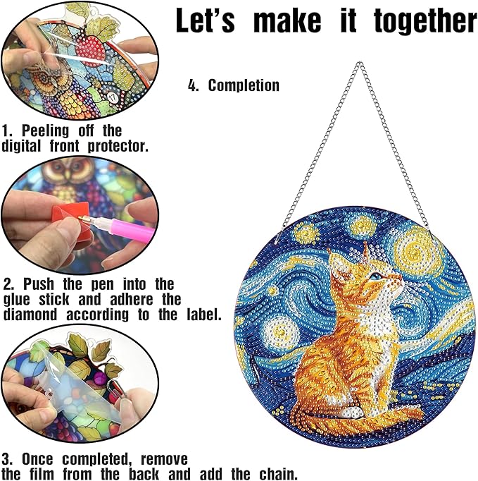 LOMSIOY Diamond Art Hanging Kit for Adult, Cat Front Door Sign Window Decor for Outdoor, Starry Night Double Sided Summer Decor Suncatcers for Porch, Hanging Pendants for Garden Wall （8x8 Inch