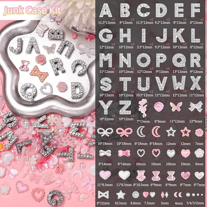 Junk Case Charms Kit, 52 Pcs A-Z Alphabet Letters Junk Case Kit, Pink Assorted Slime Charms Bulk Letter Charms for DIY Necklace Bracelets Jewelry Making Scrapbooking Crafts