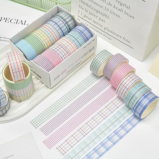 12 Rolls Grid Washi Tape Set Plaid Arts Adhesive Tapes Basic Patterns Decorative Masking Tape Sets for Craft, Kids, Scrapbook, DIY, Gift Wrapping (Style Three)