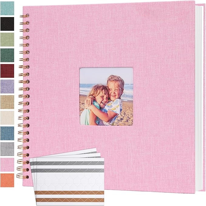 Scrapbook Photo Album 12x12 Inches 80 Pages Hardcover Kraft Paper Linen Cover Scrap Book Memory Book DIY Scrapbook Albums for Wedding Baby Boyfriend Travel Anniversary Family, Pink