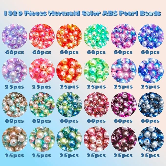 BONNY BOXX 1020PCs 6 & 8MM Gradient Mermaid ABS Pearl Beads Set for Jewelry Making Loose Round Faux Pearls with Holes for Bracelet Necklace Earring Accessories Vase Filler