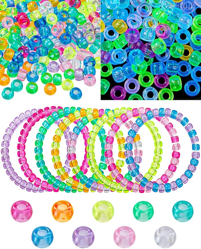 1000Pcs UV Pony Beads, Glow in The Dark, 9 Transparent Colors, Color-Changing Plastic Kandi Beads for Bracelets, Hair Braids, Necklaces, Keychains, Jewelry Making