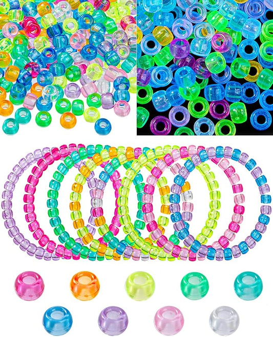 1000Pcs UV Pony Beads, Glow in The Dark, 9 Transparent Colors, Color-Changing Plastic Kandi Beads for Bracelets, Hair Braids, Necklaces, Keychains, Jewelry Making