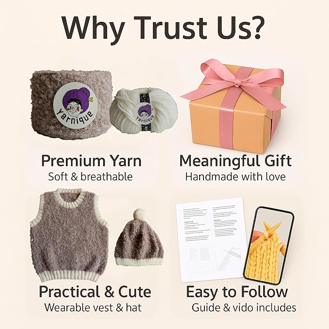 yarnique learn to knit kit for beginners - complete baby knitting kit with italian boucle & merino wool - beginner knitting kit for adults moms - diy baby vest & hat starter set with video tutorials